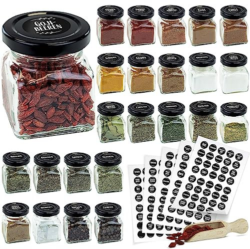 AllBags 24 Gewürzgläser mit Aufklebern Gewürzglas mit schwarzem Deckel und Aufklebern Set von Gläsern mit Deckel als Einmachgläser, Gewürzglas mit Aufklebern 120 ml