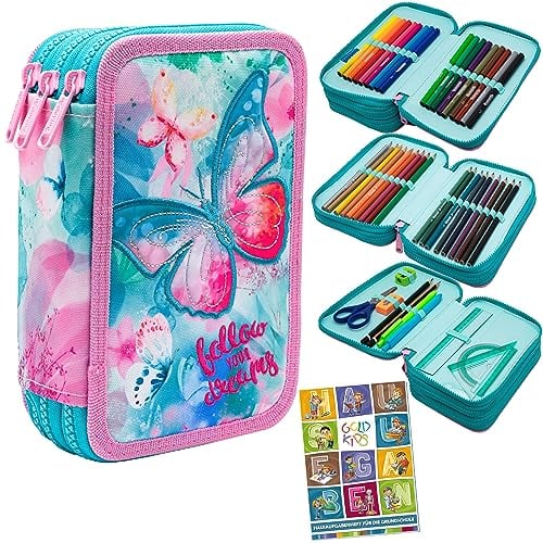 Federtasche 3-fache Federmappe Colorino Dreams Schmetterling Federmäppchen 46-teilig gefüllte Schüleretui Stifte und Pinsel inkl. Aufgabenheft Federbox Etui Stiftetasche Schlamper-Etui Schul-Etui