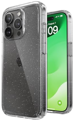 Speck MagSafe Hülle für iPhone 15 Pro - Fall- & Kameraschutz Klar Handyhülle Kabelloses Laden Kompatibel Passend für alle 6,1 Zoll Modelle - Klar/Platin Glitzer