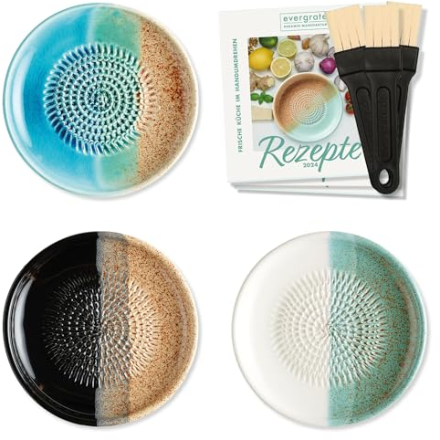 evergrate Keramikreibe 3er Verschenkset - Ocean, Desert, Ice mit Küchenpinseln und Rezeptheften