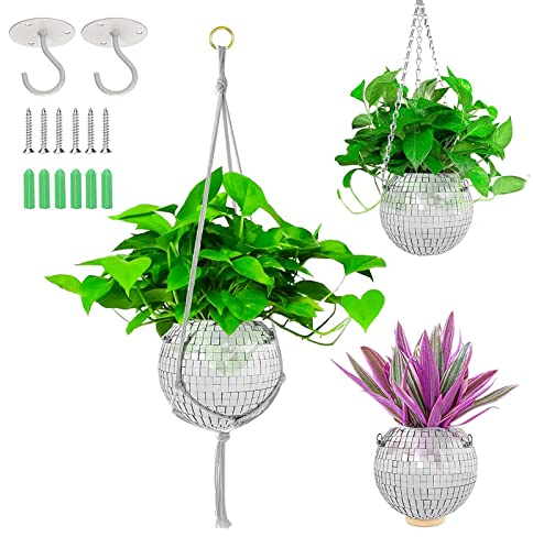 SelWatty Discokugel-Pflanzgefäß, hängender Discokugel-Blumentopf für den Innenbereich, Spiegelkugel, Sukkulenten, Topf mit Hanfseil-Haken für Balkon, Wand, Veranda, Innen- und Außenbereich,