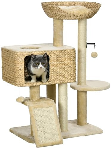 PawHut 95cm Cat Tree Tower w/Scratching Post, Cat House, Ball, Platform - Beige