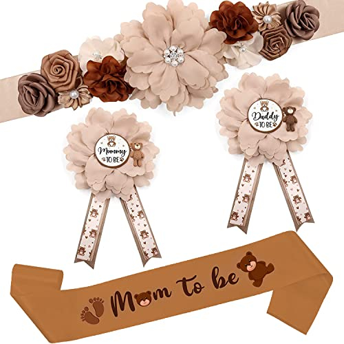Mommy to Be Schärpe Mom to Be Schärpen Set für Teddybär Baby Shower Baby Party Deko Beige