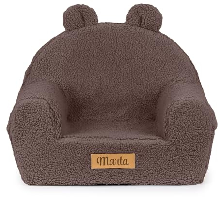 Flumi Personalisierte Kindersessel – Babysessel - Kindersitz fur Kinderzimmer Spielzimmer – Sessel mit Gravur Kindername (Lammfell schokobraunes)