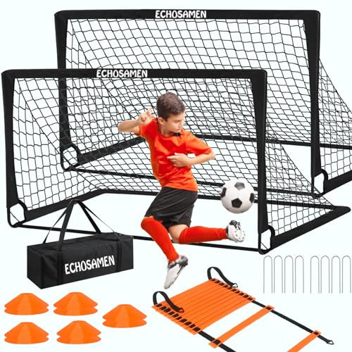 Kids Soccer Goals for Backyard, 2 of 6 x 4 ft Kids Soccer Goal Set Soccer Net with 10 Soccer Cones, Agility Ladder & Carry Bag, Portable Soccer Training Equipment, Suitable Soccer Goal for Kids 1-16