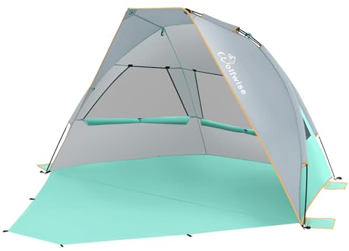 WolfWise Strandmuschel mit UV-Schutz 50+, 4-5 Personen Strandzelt, Sonnenschutz Windschutz mit erweiterbarem Boden Baby Sonnenzelt Tragbar Mini-Packmaß für Familie Camping Garten Strand Minzgrün