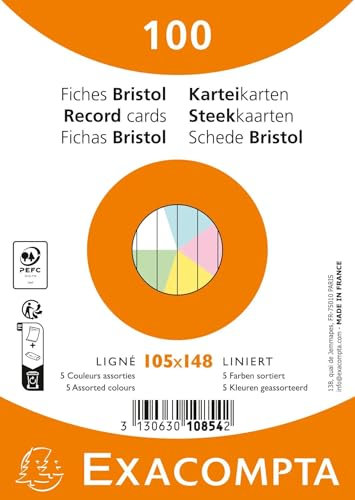 Exacompta - Ref. 10854E Karteikarten, liniert, ungelocht, eingeschweißt, für Tintenstrahldrucker, Laser- und Kopierer, Format 105 x 148 mm, verschiedene Farben, 100 Stück