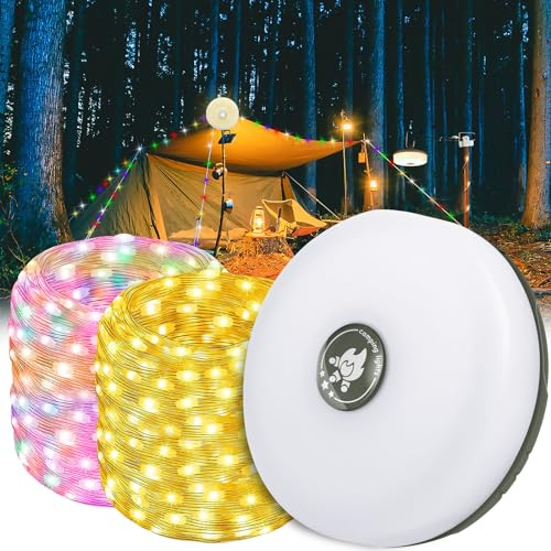 IXYHKB Camping Lichterkette Aufrollbar, 2 in 1 Tragbare Camping Lichterkette, Wiederaufladbare LED Lichterkette 10M, Wasserdichte Campinglampe, Lichterketten Außenbereich für Camping Garten