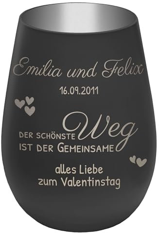 Windlicht mit Gravur ''Der schönste Weg'' - Schwarz/Silber - Teelichthalter personalisierbar mit Wunschtext - Geschenk zu Valentinstag Hochzeit Verlobung Jahrestag