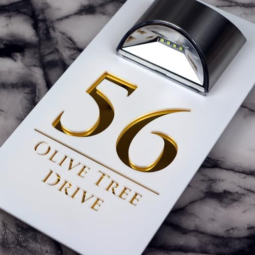K Smart Sign | Bellissima LED F32 | Contemporary House Signs Plaques Door Numbers 1-9999 Street Name SOLAR LIGHT LED For Wall Personalised Laser Cut Mirror! (Matt White & Gold Mirror)