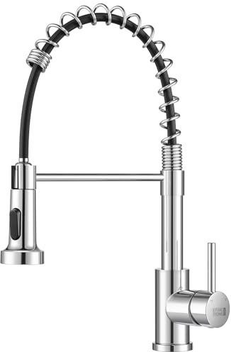 Warmiehomy Kitchen Tap Spring Kitchen Sink Tap with Pull Out Spray,360° Swivel High Arc Single Handle 1 Hole Stainless Steel Kitchen Sink Mixer Tap,Chrome