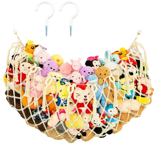 Alrens Kuscheltiernetz Hängematte, Spielzeug Aufbewahrung Netz Kinderzimmer Kuscheltier Hängematten Hängender, Handgefertigtes Makramee Spielzeug Plüschtierhalter Kuscheltieraufbewahrung mit Haken