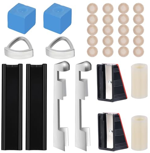 NQEUEPN 32 Teiliges Pool Queue Reparaturset, mit 2 Schlägerspitzen Clips, 20 Schlägerspitzen, 2 Formern, 2 Kreidewürfeln, 2 Ferrulen und 2 Hobeln, für Billard Queue Ersatzteile
