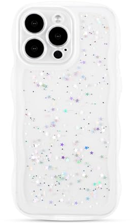 ZTOFERA Sparkly Glitter Wavy Case for iPhone 14 Pro (6.1), White | Curly Wave Frame Shape, Bling Sparkle Star, Clear Soft TPU Back Cover, Lightweight, Shockproof Protective Bumper Cover