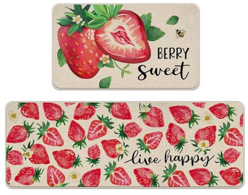Tailus Spring Summer Strawberry Kitchen Rugs Set of 2, Berry Sweet Fruit Bee Kitchen Mats Decor, Live Happy Seasonal Floor Door Mat Home Decorations - 17x29 and 17x47 Inch