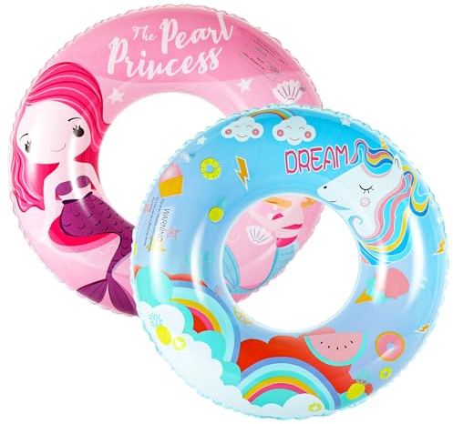 HeySplash 2 Piezas Anillos de Natación Inflables Plegables, Flotadores PVC Llamativos Estampados Lindos Verano Divertido para Actividad Acuática Playa Piscina Niños Adultos, Sirena + Unicornio
