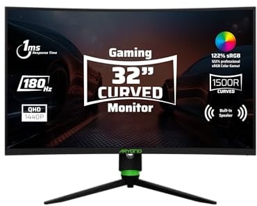 Aryond A32 V2 Curved Gaming Monitor, 32 Zoll(80cm), 180Hz, 1500R, QHD (2560x1440), 1ms, HDR, FreeSync&G-Sync, 122% SRGB, Eye Care, Eingebauter Lautsprecher, HDMI, Display Port, Höhenverstellbar