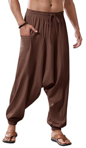 Runcati Herren Baumwolle Haremshosen Baggy Hippie Casual Leinen Yoga Hose Strand Tief Schritt Trouser Bräune XL