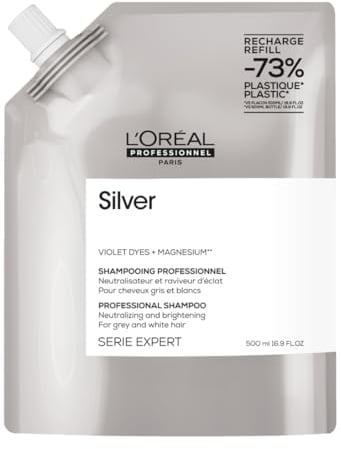 L'Oréal Professionnel Anti-Gelbstich Haarshampoo für weißes, graues & blondiertes Haar, Violett-Pigmente, Serie Expert, Silver Shampoo zum Nachfüllen, Refill, 500 ml