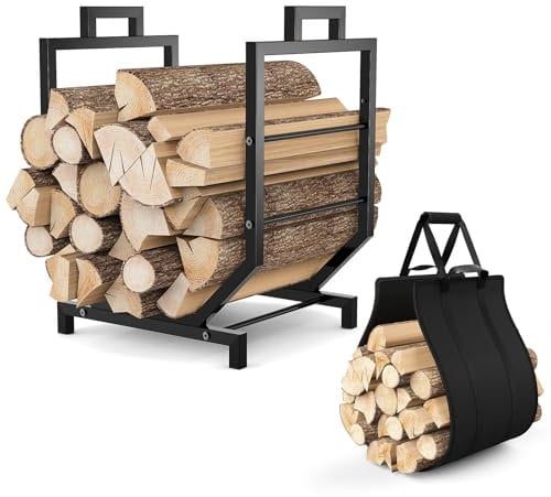 Bomclap Estantería de metal para leña con bolsa extraíble para leña, estantería para interior y exterior, soporte para leña para chimenea, cesta para chimenea, camping, 43 x 33 x 53 cm
