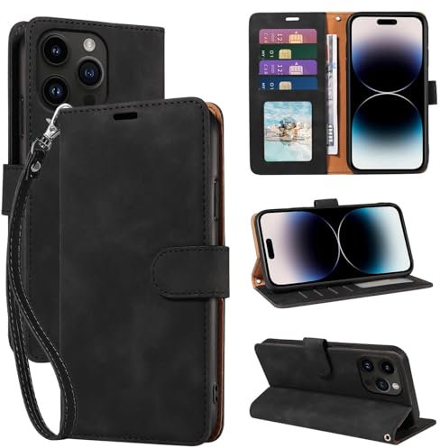 GOTOURED for iPhone 14 Pro Max Phone Case Wallet, RFID Blocking 4 Card Slots, Wrist Strap, Kickstand, Magnetic Closure, Shockproof Protective Soft Leather Flip Cover (Black)