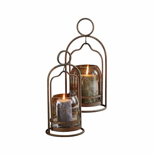 Loberon Windlicht 2er Set Émilisse, Zwei Größen, Rustikales Rost-Finish, für Innen & Außen, Klassische Form, Dekoration, Kerzenhalter, Wohn-Accessoires, Eisen, Glas, antikbraun