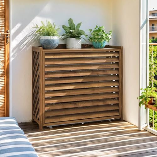 Cache Climatiseur Extérieur Bois - Étagère Plantes Balcon Grande Housse Pour Appareil De Climatisation Et Pompe À Chaleur (86x35x80cm)