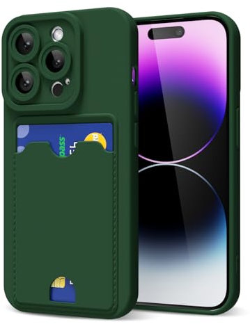 oakxco for iPhone 14 Pro Max Case with Card Holder, Cute Silicone Wallet Phone Case with Credit Card Slot, Soft Rubber Thin Slim Purse for Women Men with Shockproof Camera Cover Protection, Dark Green