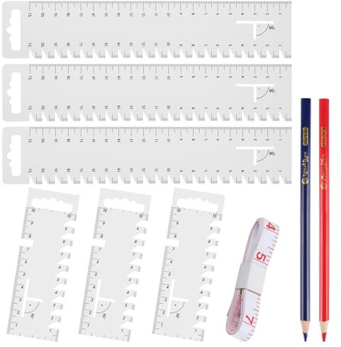 9 Stück Handmaß Set, 6 Stk Nählineal mit Gezackter, 1 Lederlineal und 2 Bleistiften, Kunststoff Lineal Nähen Transparent Präzision, Schneiderlineal für Patchwork Zuhause