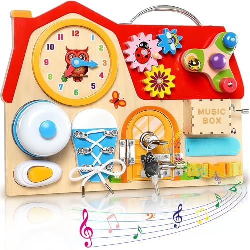 LUVTOY Wooden Busy Board für Kinder, Activity Board Montessori Spielzeug für 2 3 4 5 Jahre Mädchen Junge, Motorik Spielzeug Sensorik Brett Motorikboard Geschenk für Mädchen Junge Ostern