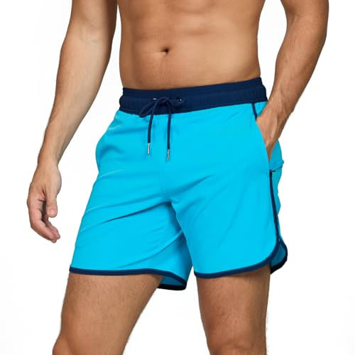 TMEOG Costume Uomo Mare Pantaloncini da Bagno Costumi da Piscina Surf Boxer Mare Costume da Spiaggia Bagno Vintage Pantaloncino Mare con Tasche e Coulisse(Blu Cielo,S)