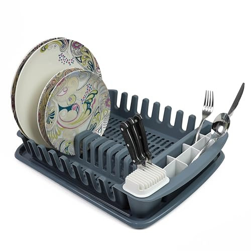 DIVCHI Dish Drainer Plastic Dish Drying Rack Sink Drainer With Cutlery Cup Utensil Holder For Kitchen Counter (Blue)