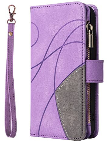 Sawiqpd for iPhone 16e 5G Case Wallet Cover, 9 Card Slots & Zipper Pocket Leather Shell Flip Phone Case with Magnetic Kickstand Shockproof Protective Case for iPhone 16e 2025 6.1-inch, Purple
