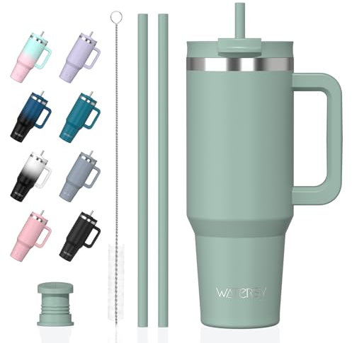 Watersy Bouteille Isotherme Inoxydable 1,2 L avec 2 Pailles, Gobelet à Café anti-Fuite, Isotherme Sous vide avec Couvercle à vis sans BPA, Gourde Rafraîchissante Pendant 12 Heures, Vert Rétro