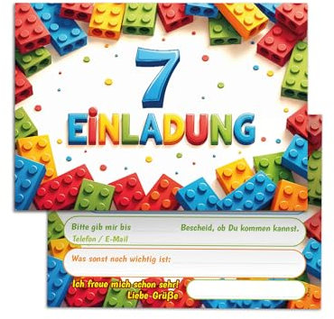 12 Einladungskarten zum 7. Kindergeburtstag Bausteine Kinder Jungen Mädchen coole bunte Einladungen siebte Geburtstag Geburtstagseinladungen Kids