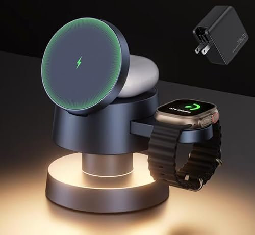 iVANKY Caricatore Wireless Station 4 in 1 con Luce Notturna e Alimentatore da 100 W, per MagSafe Charger, 100 W Stazione di 3 in 1 Ricarica Rapida per iPhone, Apple Watch Ultra, AirPods, laptop, iPad