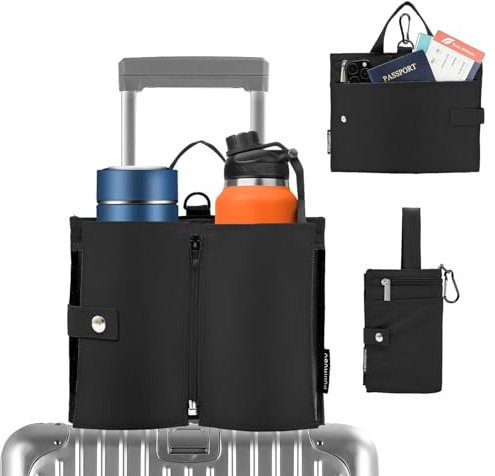 PUMHUBO Portavasos de equipaje para maletas, portátil, plegable, con asa y gancho, soporte para bebidas de equipaje para dos tazas de café, regalo para asistentes de vuelo, Negro -