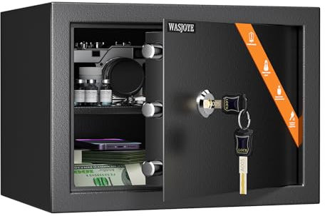 WASJOYE Safe Lock Box wite Keys, High Security Safety Box, 19L Steel Lock Safes for Home/Office, Cabinet Keys Safe Lock Box for Money Cash Jewelry Medicine Document, 25 * 35 * 25CM