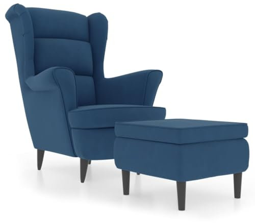 Refined Relaxsessel mit gepolstertem Sitz Armlehnen Fernsehsessel Loungesessel für Wohnzimmer Polstersessel Ruhesessel Ohrensessel mit Hocker Blau Samt