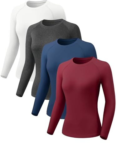 Orrfreer 4 Pack Women's Activewear Gym Tops Long Sleeve Compression Shirt Fitness Workout Yoga Tops Ladies Sports Running T-Shirt Fast Dry, Breathable White/Grey/Navy Blue/Wine Red S