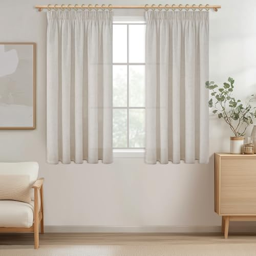 MRTREES Gardinen mit Kräuselband Elfenbeinweiß Leinenoptik Kurz Fenster Wohnzimmer, Vorhang Leinen Halbtransparent 2er Set 175 cm Lang 140 cm Breit, Vorhänge Küche Kinderzimmer Landhausstil