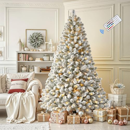 SHareconn 7.5FT Pre Lit Snow Flocked Spruce Artificial Christmas Tree with Remote, 470 Prelit Multi-Color RGB & Warm White Lights, Full Snowy Branch Tips for Home, Office, Party Xmas Decoration