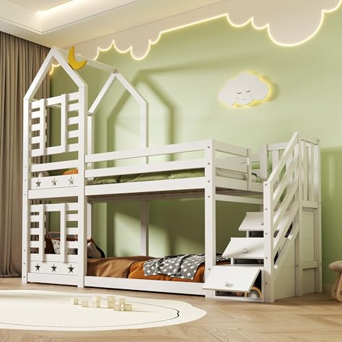 Etagenbett 90 x 200 cm mit Hausrahmen, Schubladen und Treppe mit Stauraum, Hochbett mit Lattenrosten, Sicherheitsgeländer und Deko-Mond für Schlafzimmer, weiß