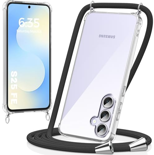 caslord Handyband kompatibel mit Samsung Galaxy S25 FE | Transparent Hülle mit Handykordel | Handyhülle für zum Umhängen | für Sport Reisen Partys Einkäufe Babypflege | Schwarz