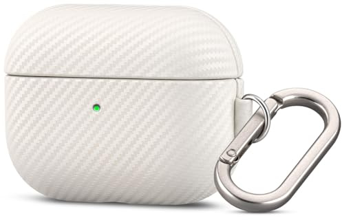 Haobobro Carbon-Look Lederhülle für AirPods Pro 3 Leder Case mit Karabiner | Handgefertigt AirPods Pro 3 Leder Hülle - Stoßfest Air Pods Pro 3 Ledercase - Top Grain Leather Schutzhülle - Weiß