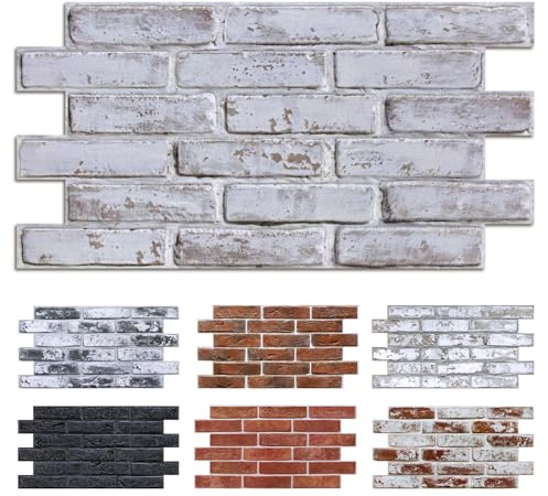 Commomy 3D Wandpanele Selbstklebend Steinoptik 12 Stück 58 x 30 cm, 2.08 m² | PVC Wandverkleidung Steinoptik Ziegelstein Wasserdicht 3D Wall Panels für Innenwandekoration(White and Gray Brick)