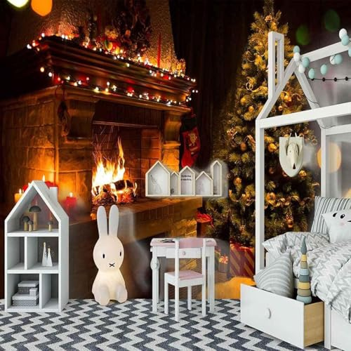 XLMING Fiamma Del Caminetto Candela Verde Albero Arte 3D Carta Da Parati Lusso Casa Soggiorno Divano Mobili Floreale Camera Letto TV Sfondo Muro-250cm×170cm