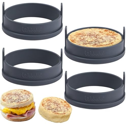 Webake Crumpet Ringe Silikon 4 Stück 10cm Eier Ring Pancake Form für Pfanne | Spiegeleiform Silikon Eierringe Eierform Spiegeleierformen für Die Pfanne Spiegeleier Form für Crumpet, Pancake, Eier