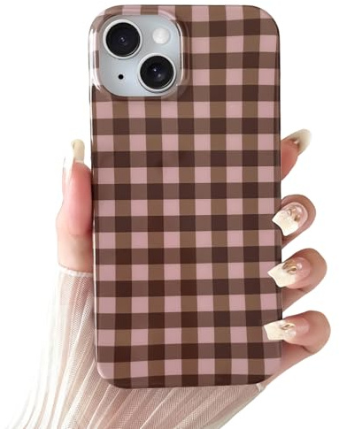 SmoBea for iPhone 15 Case Cute Aesthetic Gingham Phone Case Soft TPU Slim Shockproof Phone Cover for Women Girls Beautiful and Stylish,Brown