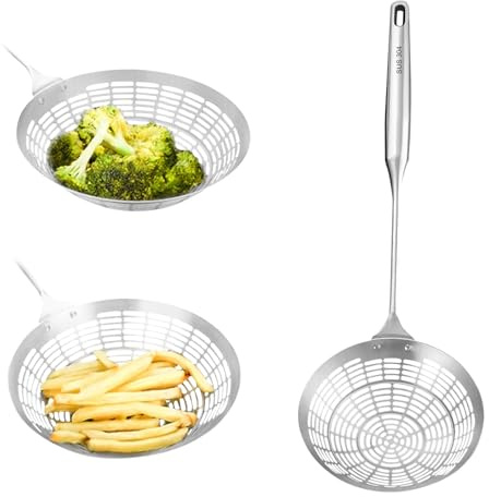 stainless steel spider strainer scoop for deep wok fat straining spoon, slotted ladle with holes,kitchen cooking utensil mesh skimmer for frying,fryer,pasta,egg,food soup,oil and grease